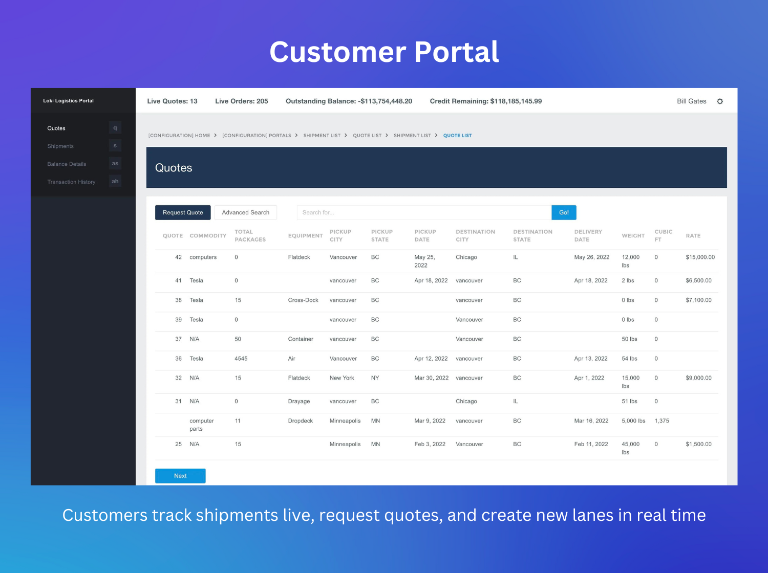 Tailwind TMS Software - In the customer portal, customers track shipments live, request quotes, and create new lanes in real time