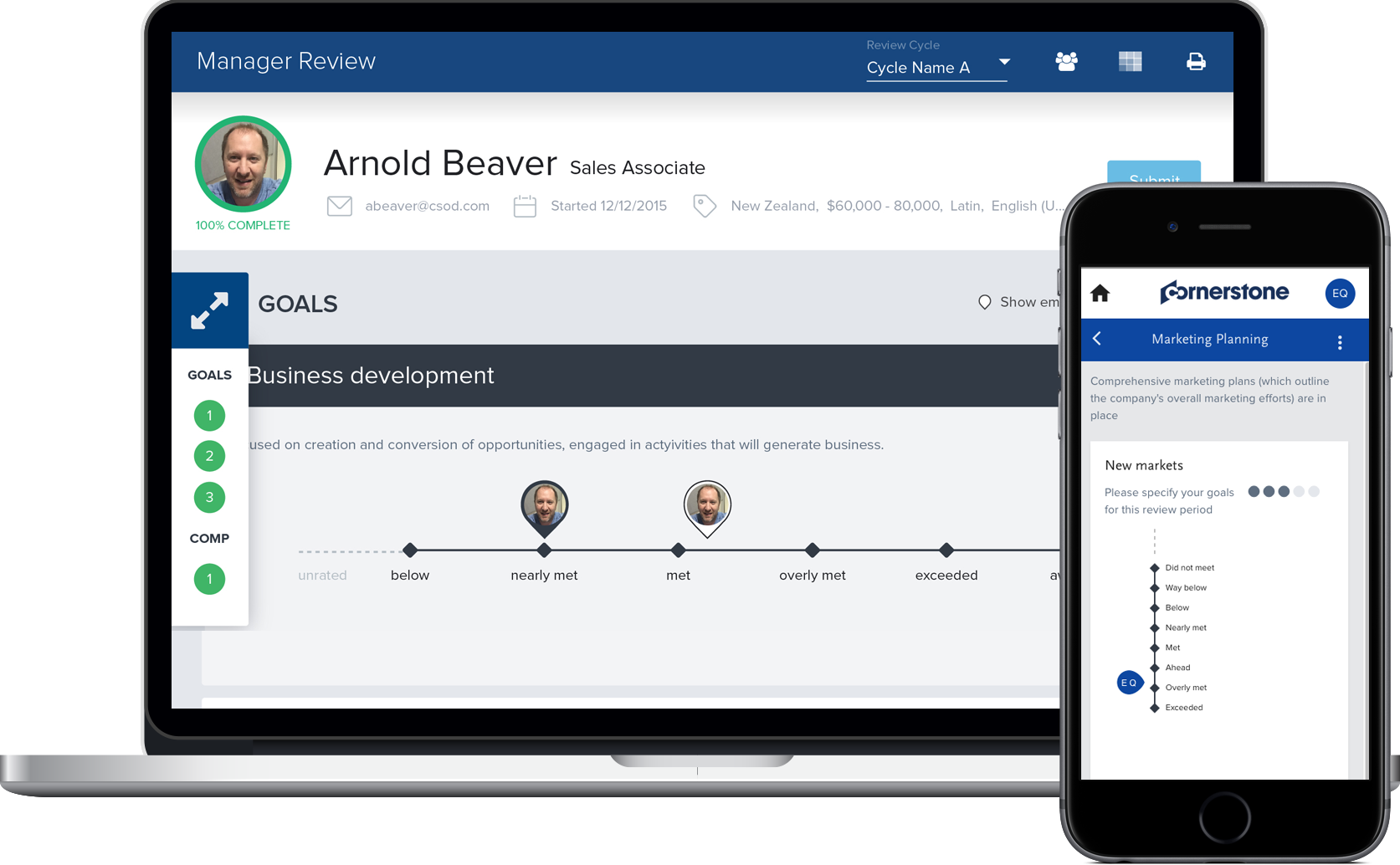 Intuitive, visual performance management. Goal setting with role-based goals and competencies. Includes self- and manager reviews, overall scores and manager comments.
