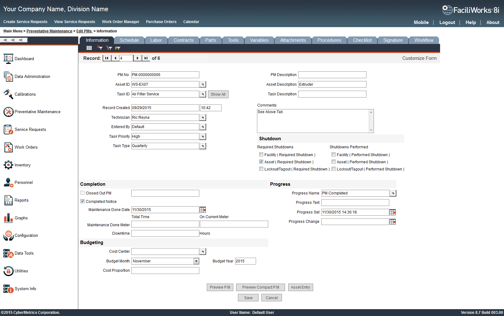 The FaciliWorks CMMS Work Order and Preventative Maintenance system allows you to edit or view your records in summary tables or detailed forms. Built-in shortcuts for finding and filtering make it easy to get to just the records you want.