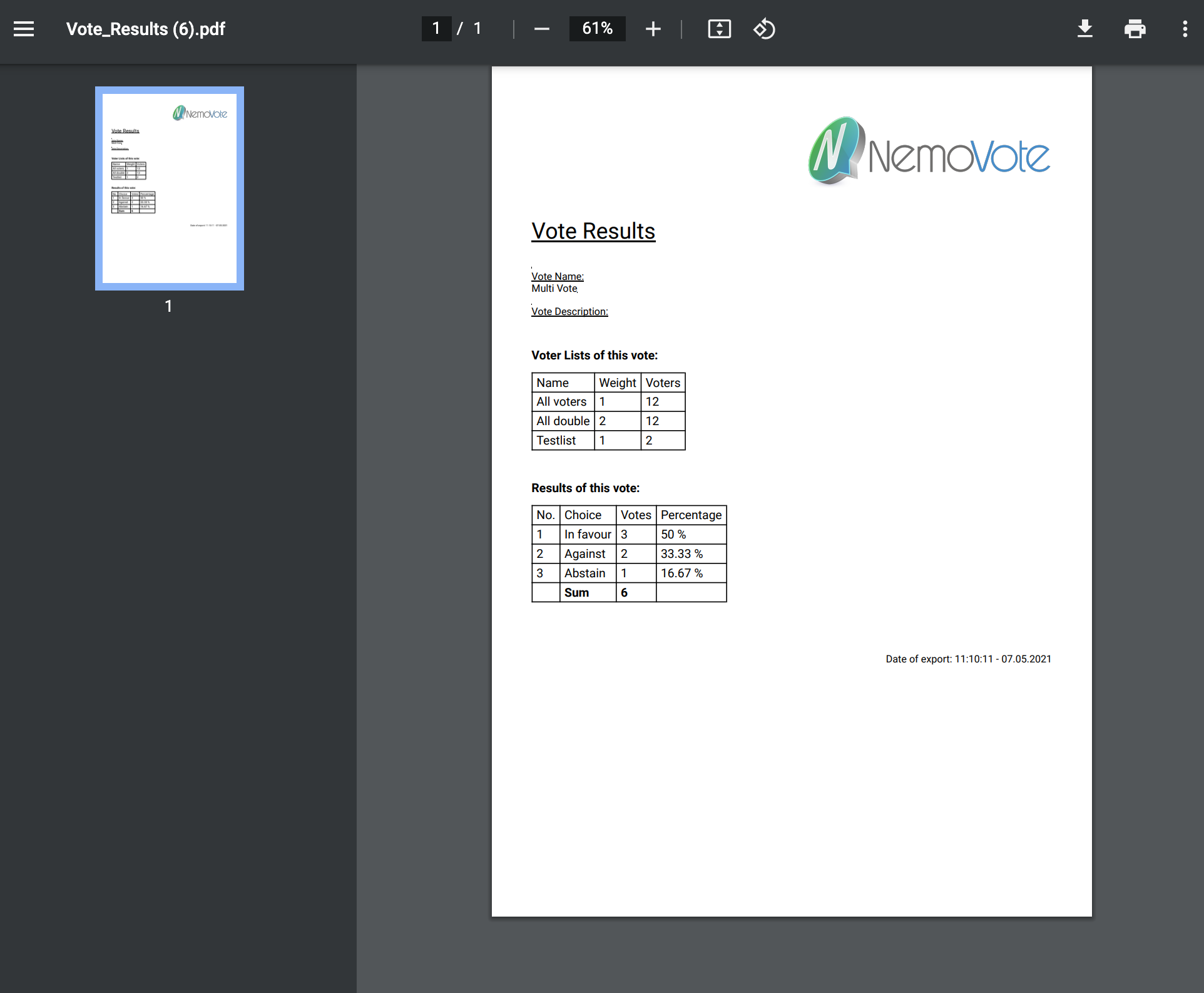 NemoVote export results directly to PDF