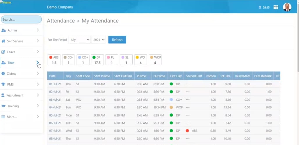 Spine HRMS screenshot: Spine HRMS attendance tracking