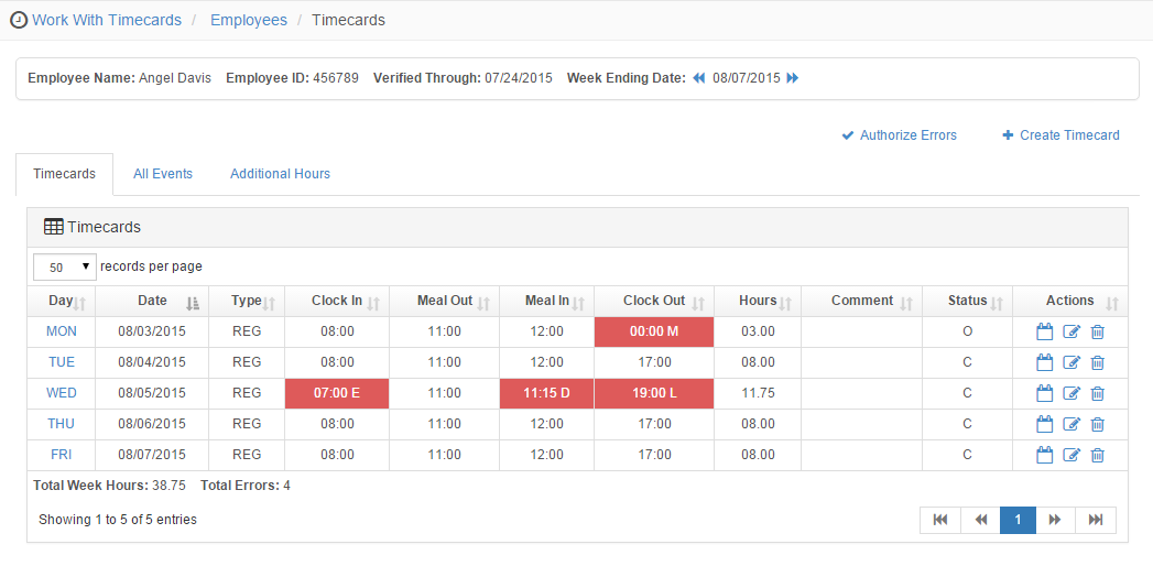 Optimum HR time & attendance web interface showing Timecards