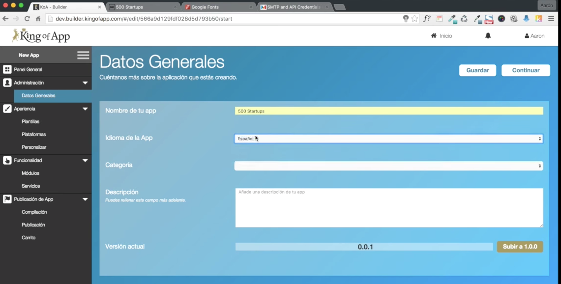 King of App screenshot: Choose languages and add application description