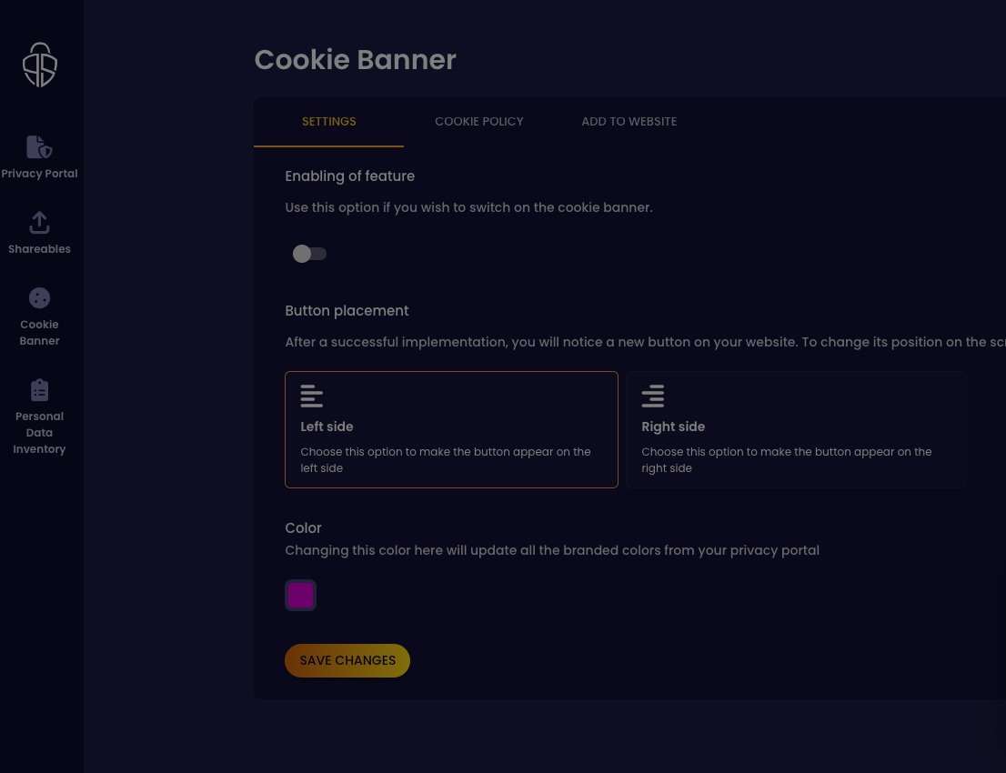 Cookie Banner options in our interface