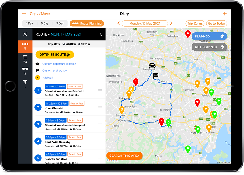 Optimize your reps in the field with route planning. This feature enables reps to travel efficiently, see more customers, and understand daily structure.