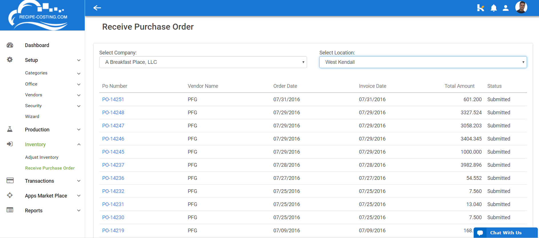 Recipe Costing Software - Users can generate purchase orders to replenish their inventory