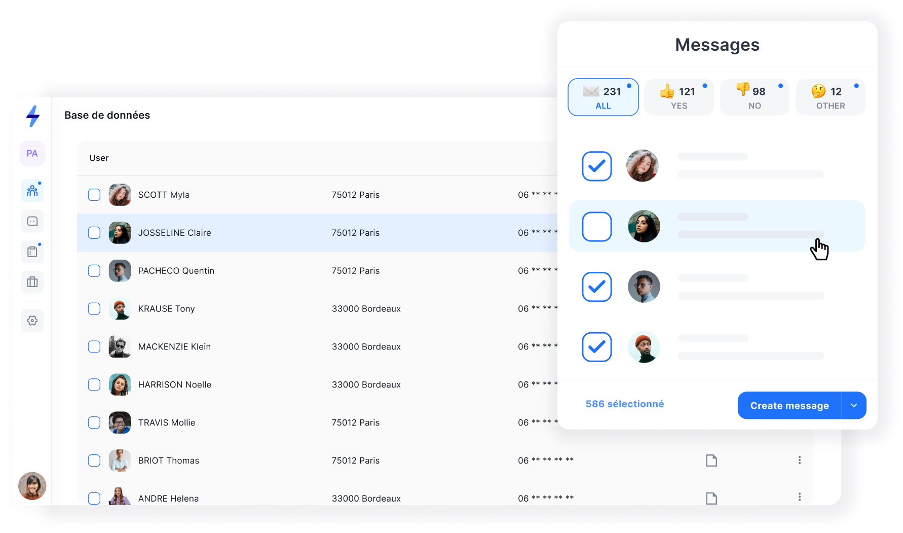 Timeko screenshot: Envoi de messages en masse SMS, mail et WhatsApp) en version Saas ou depuis votre ATS