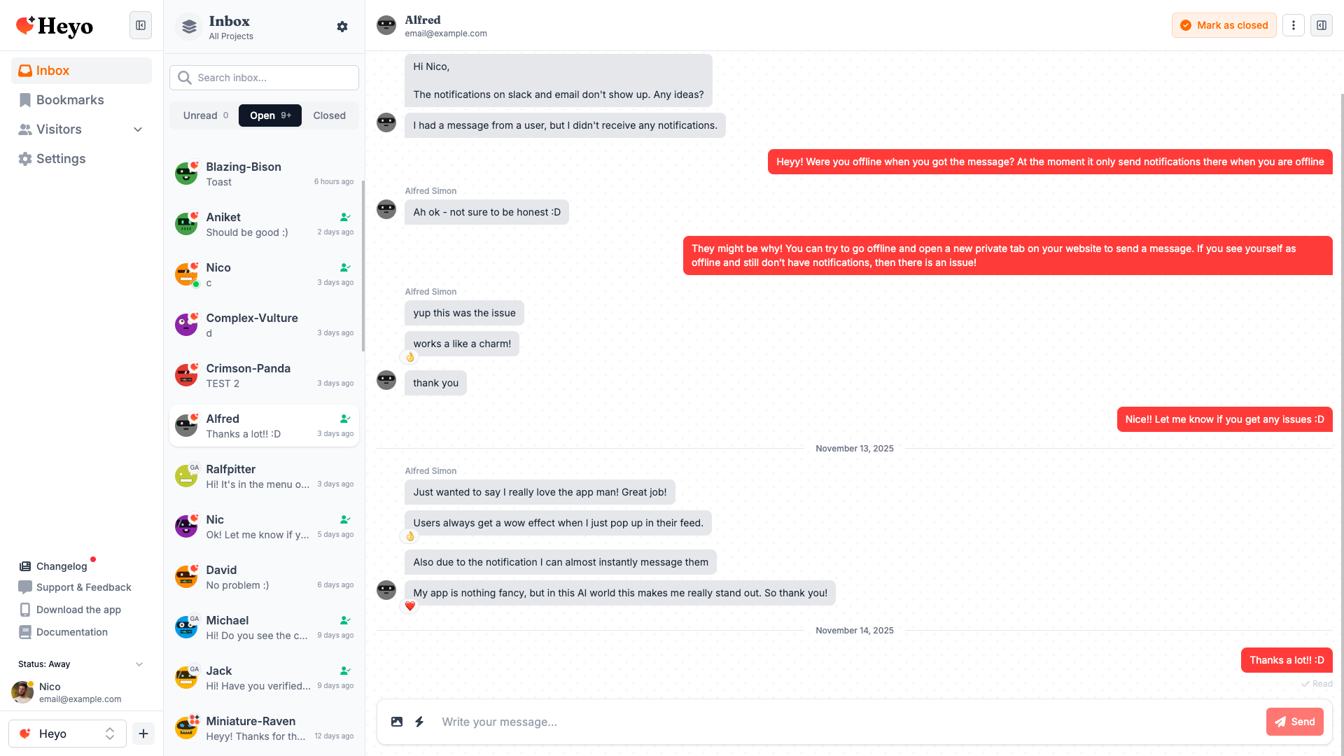 Heyo screenshot: Heyo manage inbox