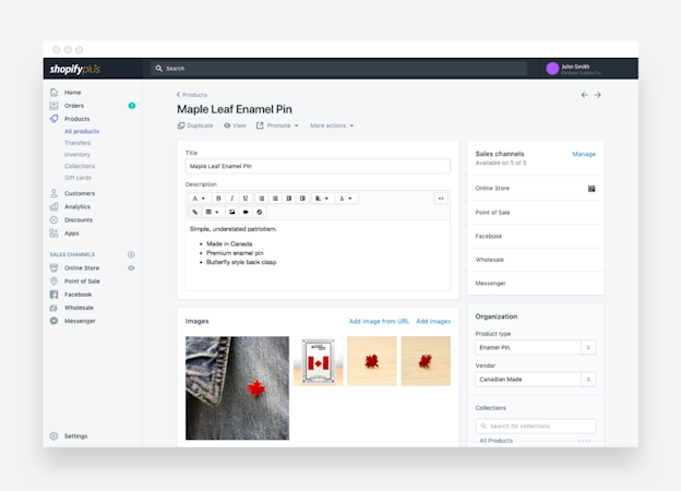 Shopify Plus screenshot: Update products, content, and pricing using the easy-to-navigate CMS