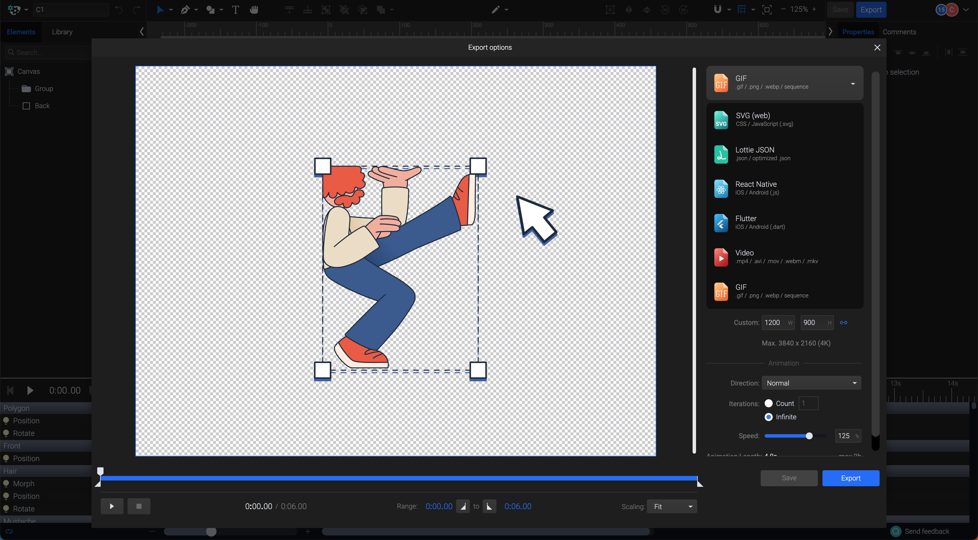SVGator Software - You can export your animation in SVG, Lottie, GIF, or video formats, with built-in support for seamless integration into React Native and Flutter projects, ensuring direct deployment.