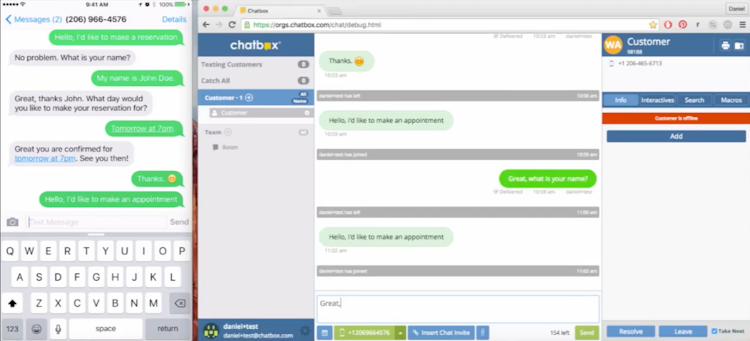 Prompt.io screenshot: Customer text messages appear in the Prompt.io platform, and responses are texted back