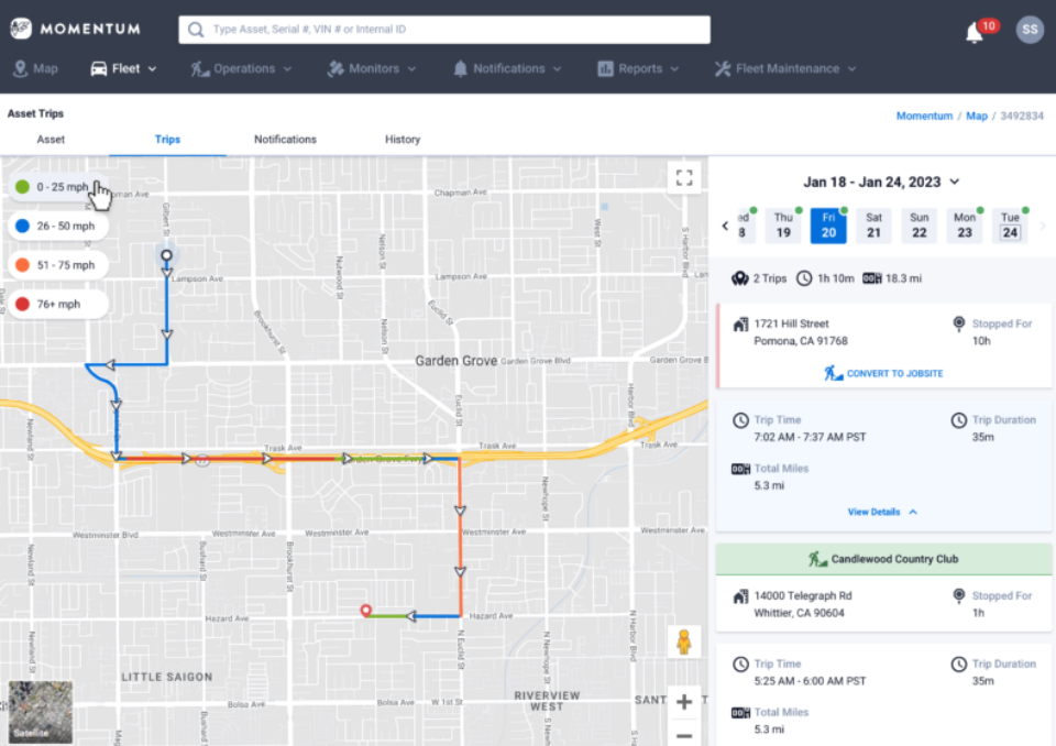 Momentum IoT Software - See every trip on a map, all your assets will always be visible, 24/7. Not only will you get peace of mind, you will get real-time activity and status reporting, like speed, battery level, fuel level, idling and geo-fencing, plus more.