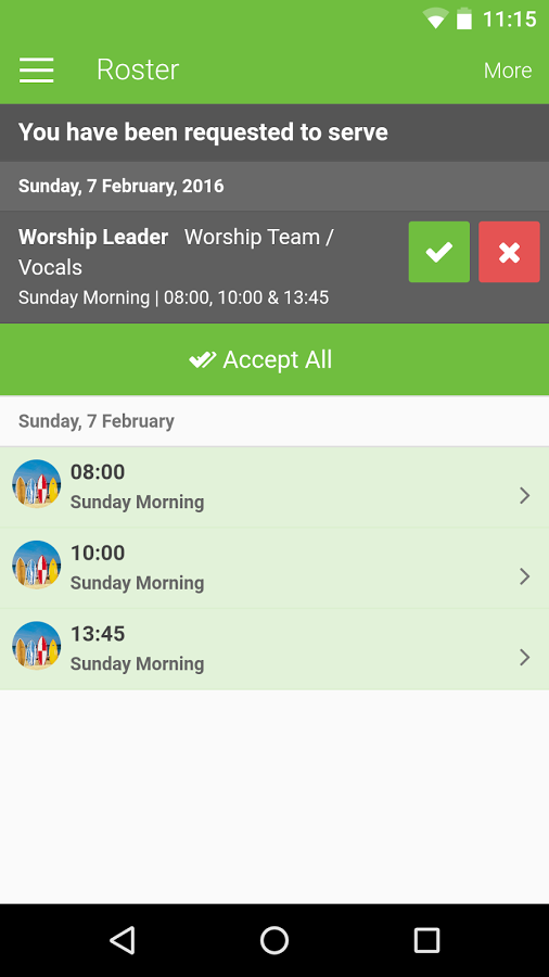 Elvanto Android app showing Roster screen
