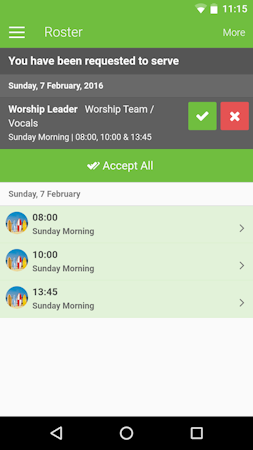 Elvanto screenshot: Elvanto Android app showing Roster screen