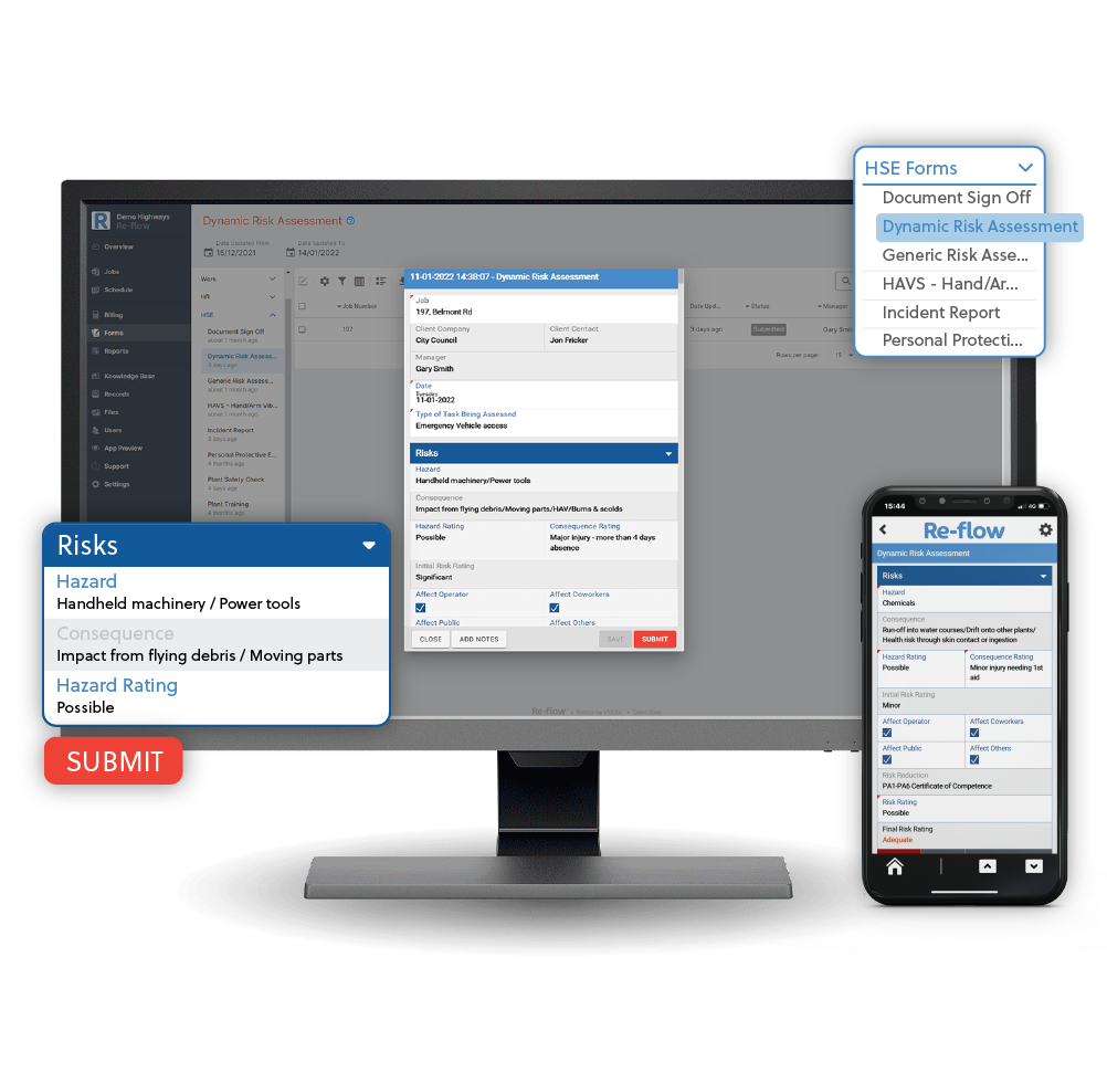 Re-flow Software - Instant access to 50+ forms including: Safety Checks, Risk Assessments, Near Miss, Daily Work Records and more...  Enable your forms to trigger automated actions such as, updating records, changing job status, sending a message and sending an email.