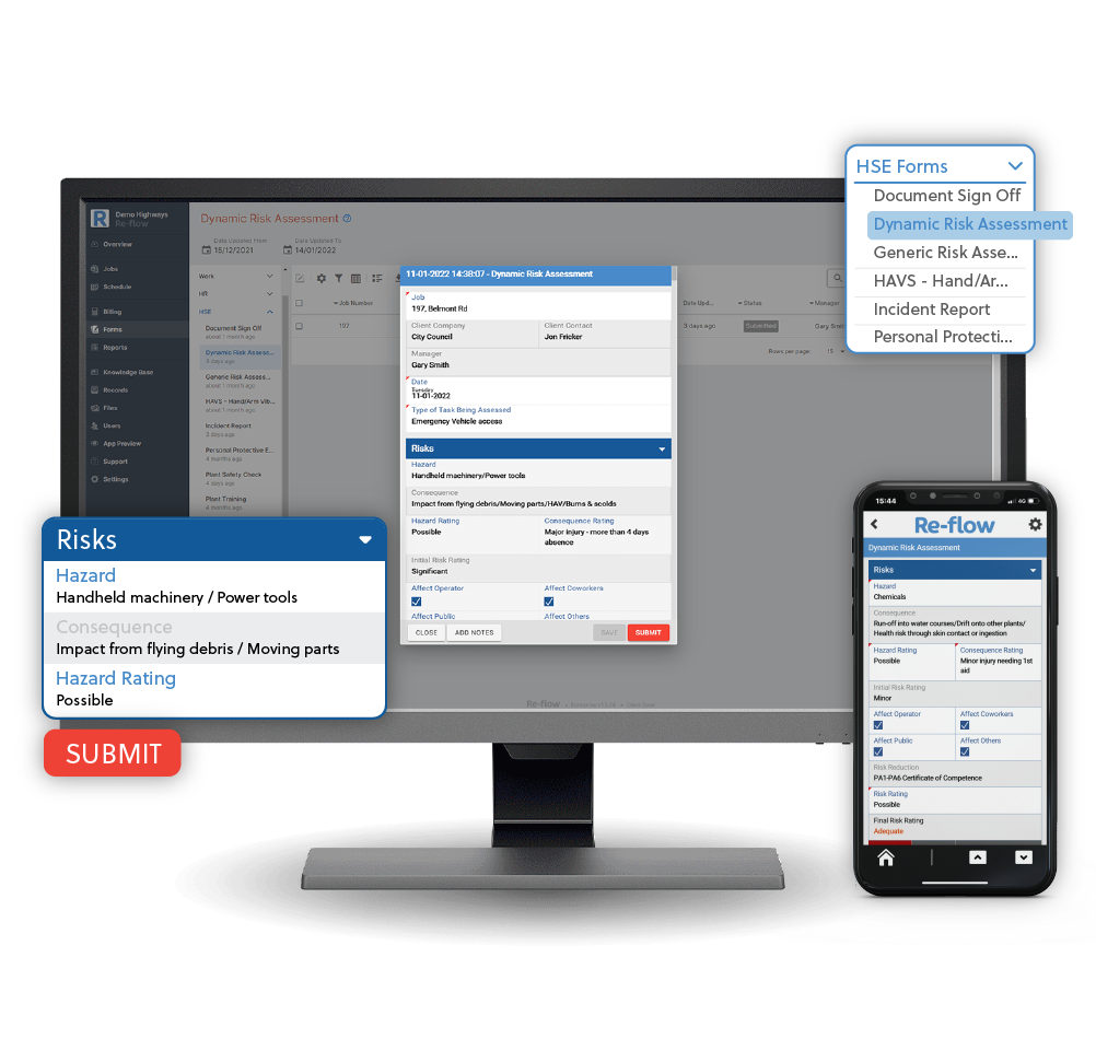 Re-flow Software - Instant access to 50+ forms including: Safety Checks, Risk Assessments, Near Miss, Daily Work Records and more... Enable your forms to trigger automated actions such as, updating records, changing job status, sending a message and sending an email.