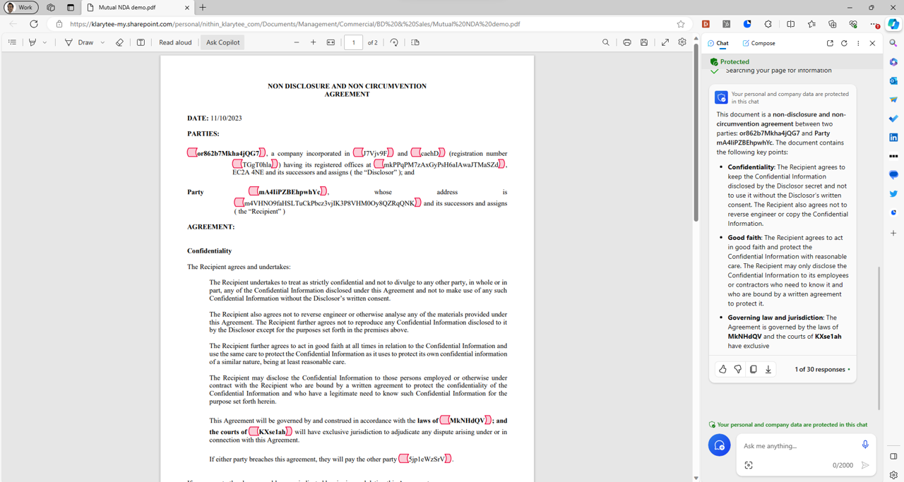 Klarytee screenshot: Use generative AI tools without exposing sensitive data fragments in your data