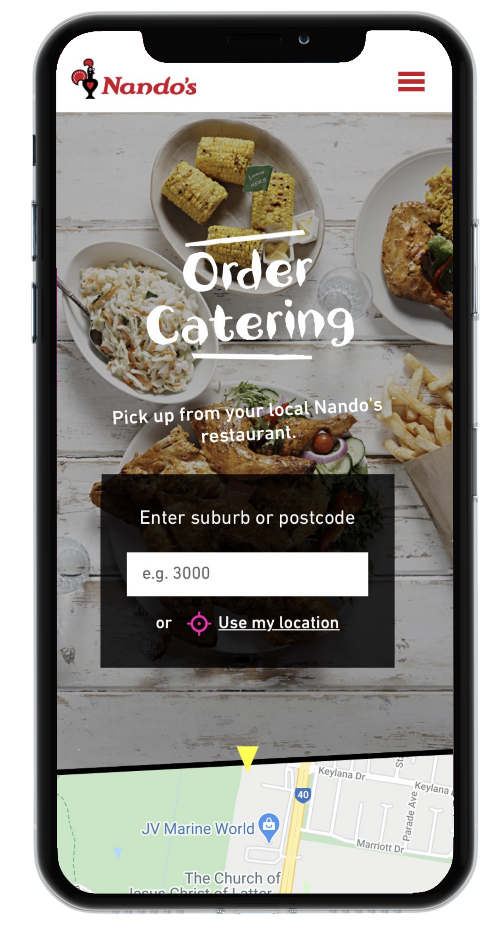 Example of FoodStorm customer's catering eCommerce website, Nando's Australia, shown on a mobile device, as all FoodStorm customer websites are mobile responsive ensuring your end customer has a smooth ordering experience.