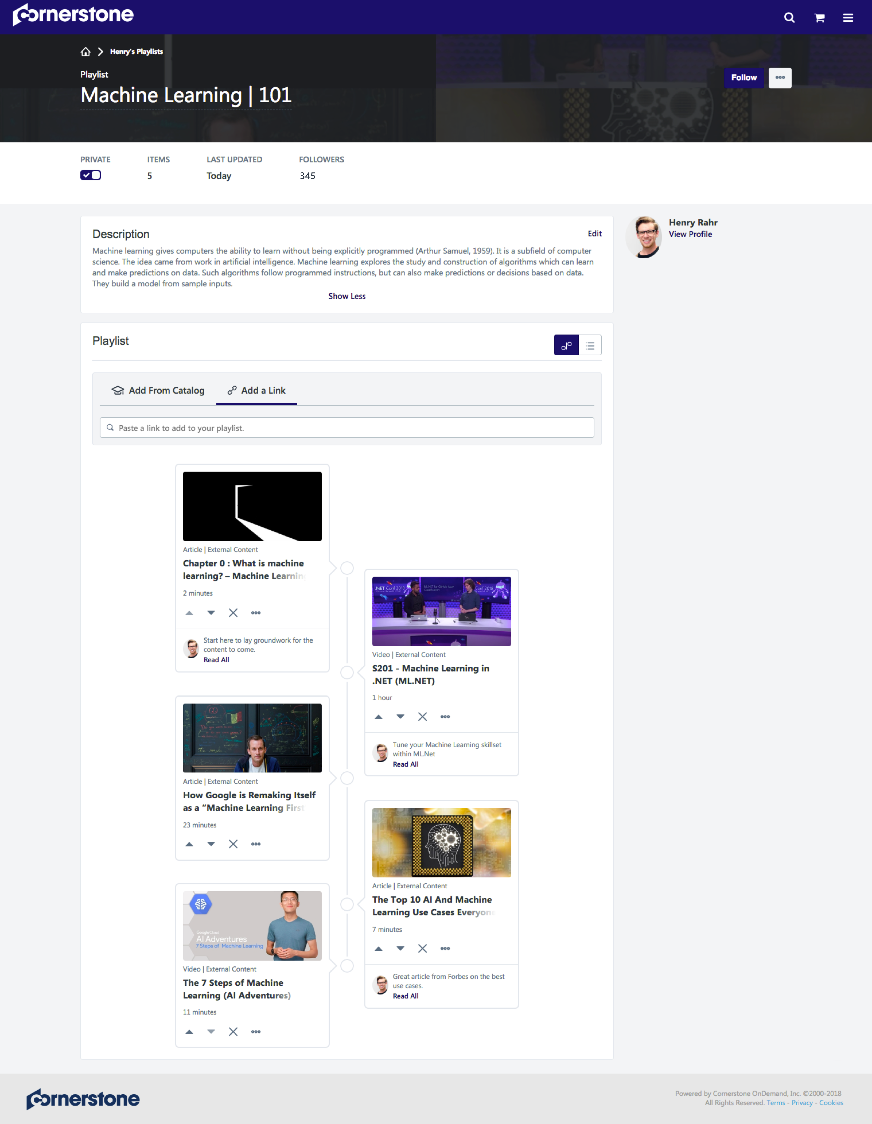 Improve employee engagement with the ability to curate, recommend, and share playlists that include internal and external content around topics of interest.