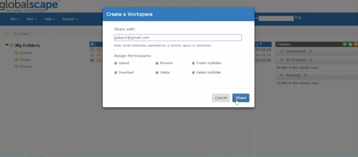 Globalscape EFT screenshot: Enhanced File Transfer creating workspace