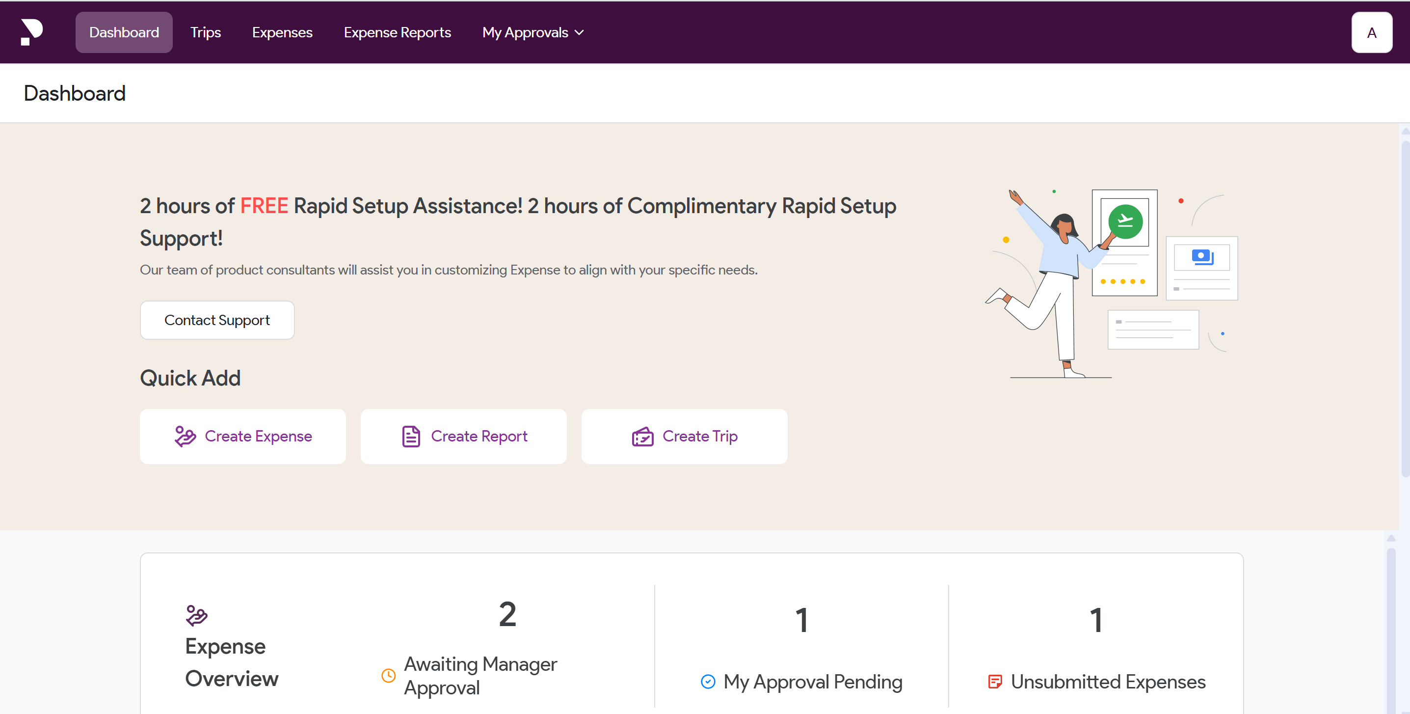 ProXpense screenshot: The ProXpense Dashboard offers a user-friendly view to manage expenses, trips, and reports. It includes quick actions, real-time approval tracking, and a 2-hour free setup offer—ideal for businesses streamlining travel and expense workflows.