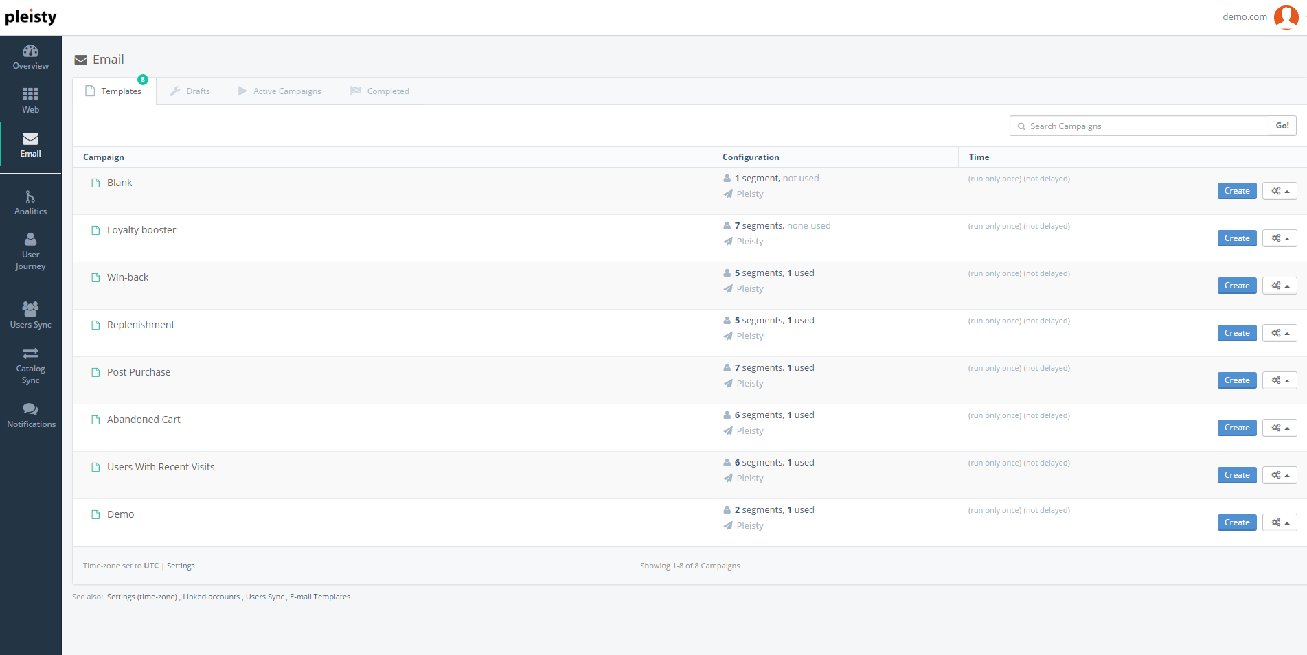 Pleisty screenshot: Multiple email campaigns and templates can be created in Pleisty