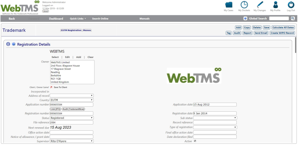 WebTMS screenshot: WebTMS dashboard