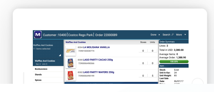 Mobisale screenshot: Access product information such as selling units and stock levels from a central location