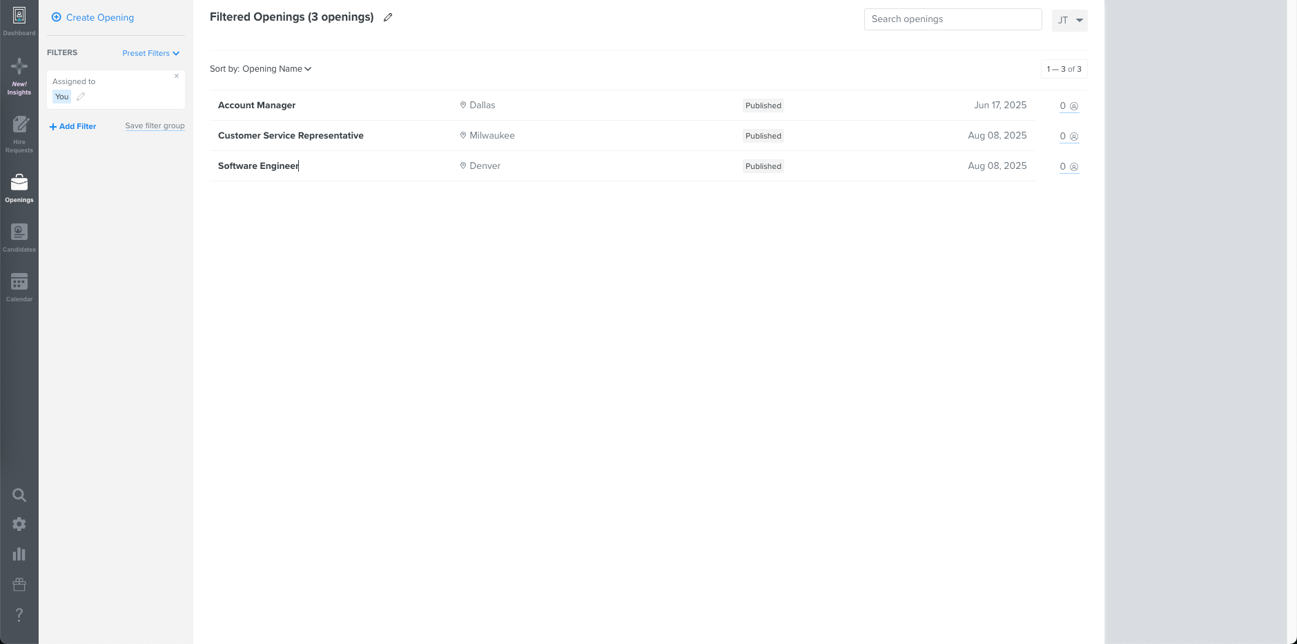 Trakstar Hire Software - Filtered Job Listings - Mitratech Hire’s Openings page organizes all active job postings for easy filtering and review.