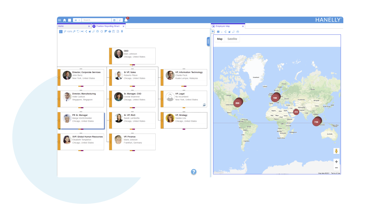 Benefit from our two-pane mode to see the org chart and employee map at the same time. 