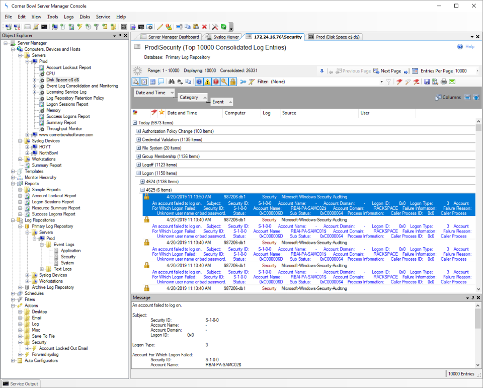 Corner Bowl Server Manager consolidated log entry