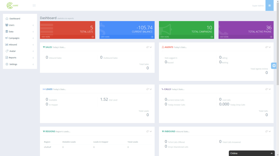 Coztel screenshot: Dashboard
