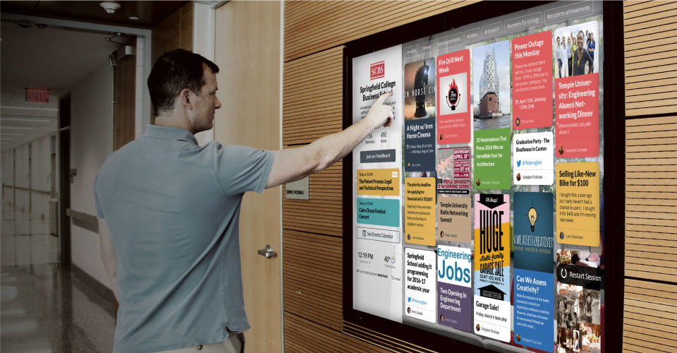 Engage employees, visitors or students by sharing events, announcements, questions, videos, documents and more via a touch kiosk