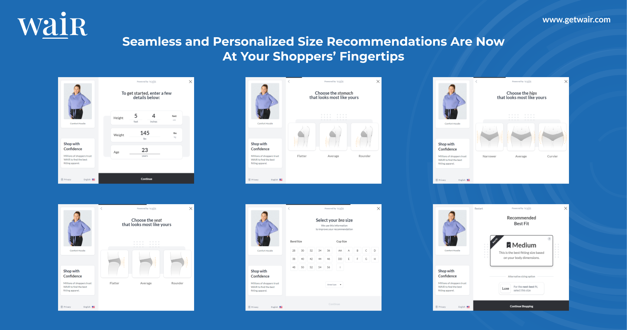 WAIR screenshot: WAIR's eCommerce sizing tool in action