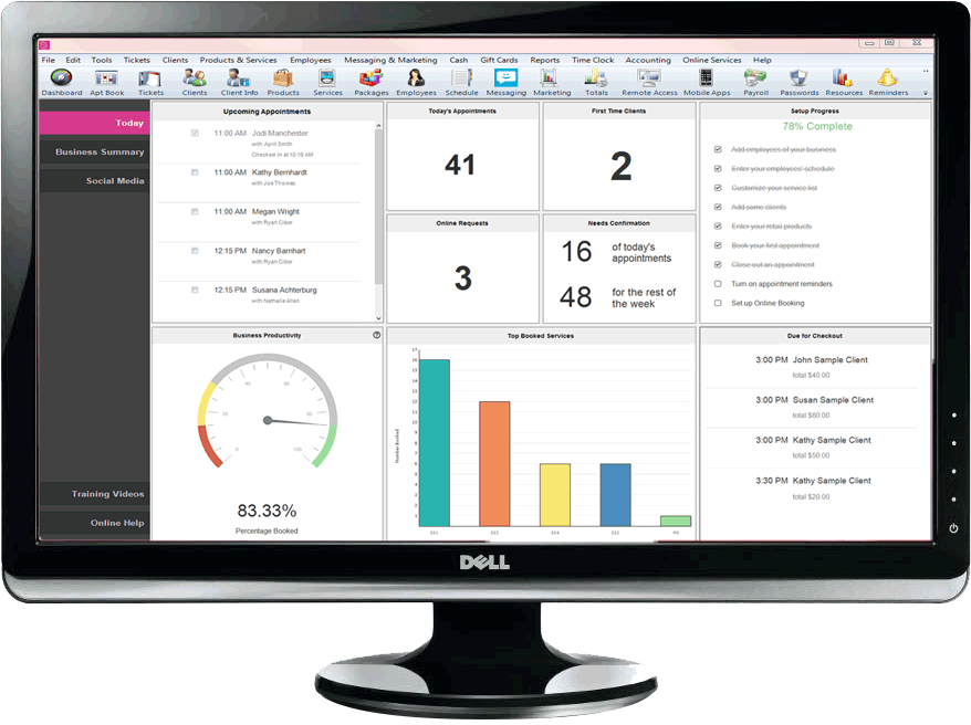 The dashboard, complete with a productivity meter, top booked services, and more