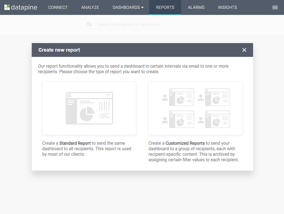 datapine Software - datapine's Report section where you can set up customized, automated reports with a few clicks.
