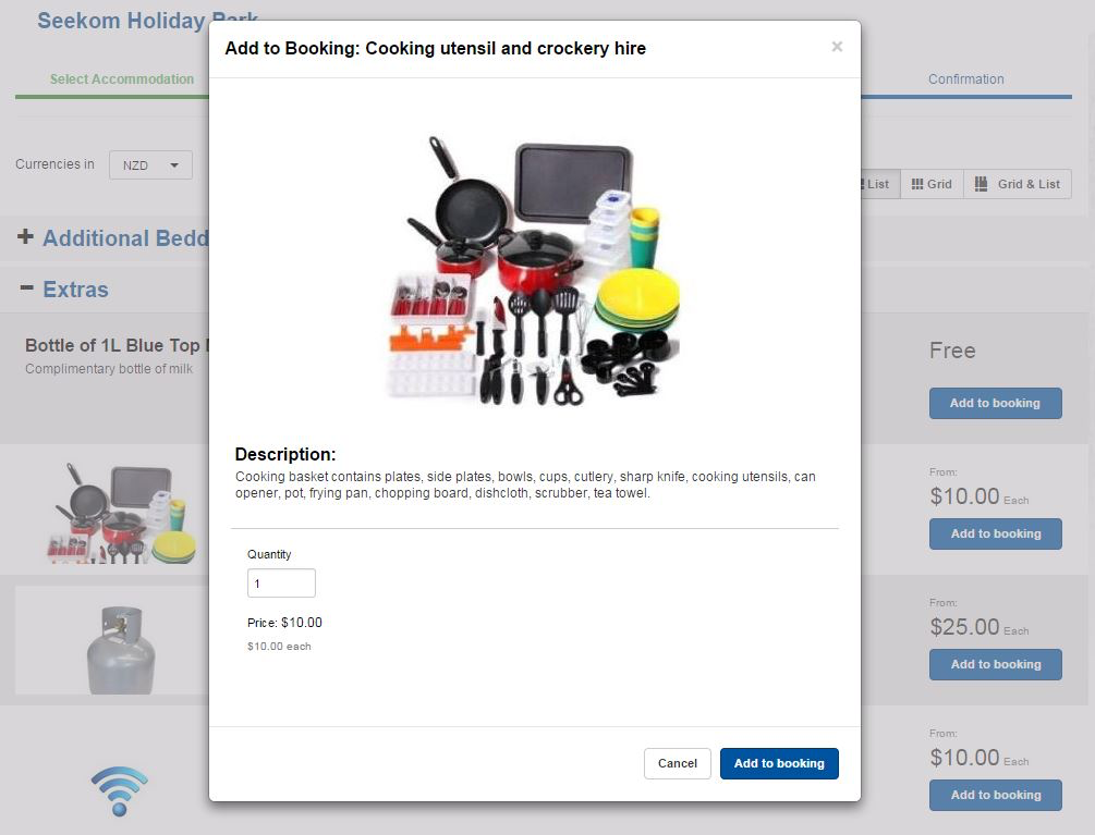 iBex PMS Software - Public booking screen showing an extra product selection being added to a booking, with the ability to adjust desired quantity