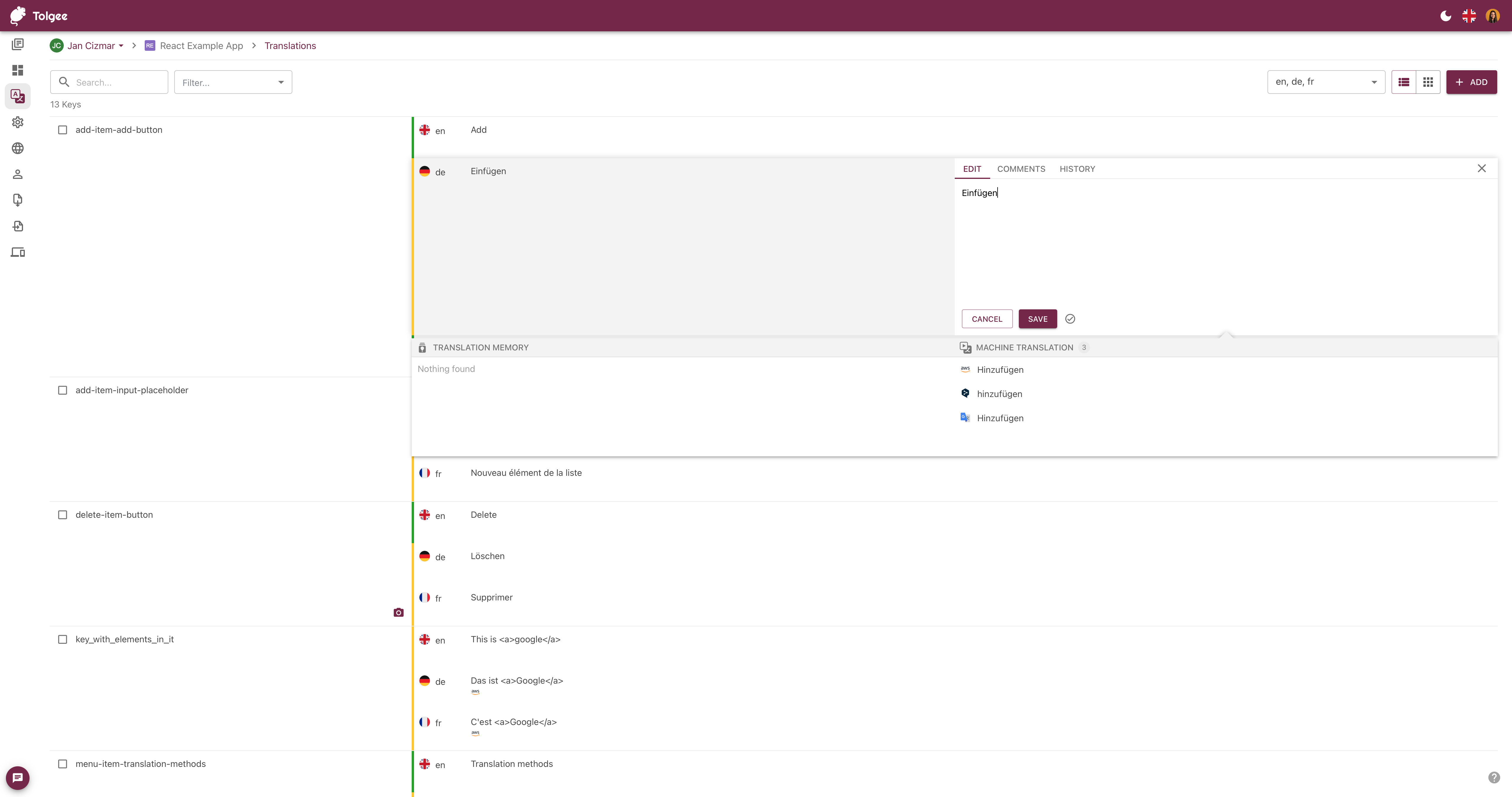 Tolgee Software - Edit translations in a simple UI, see translation history, and add comments.