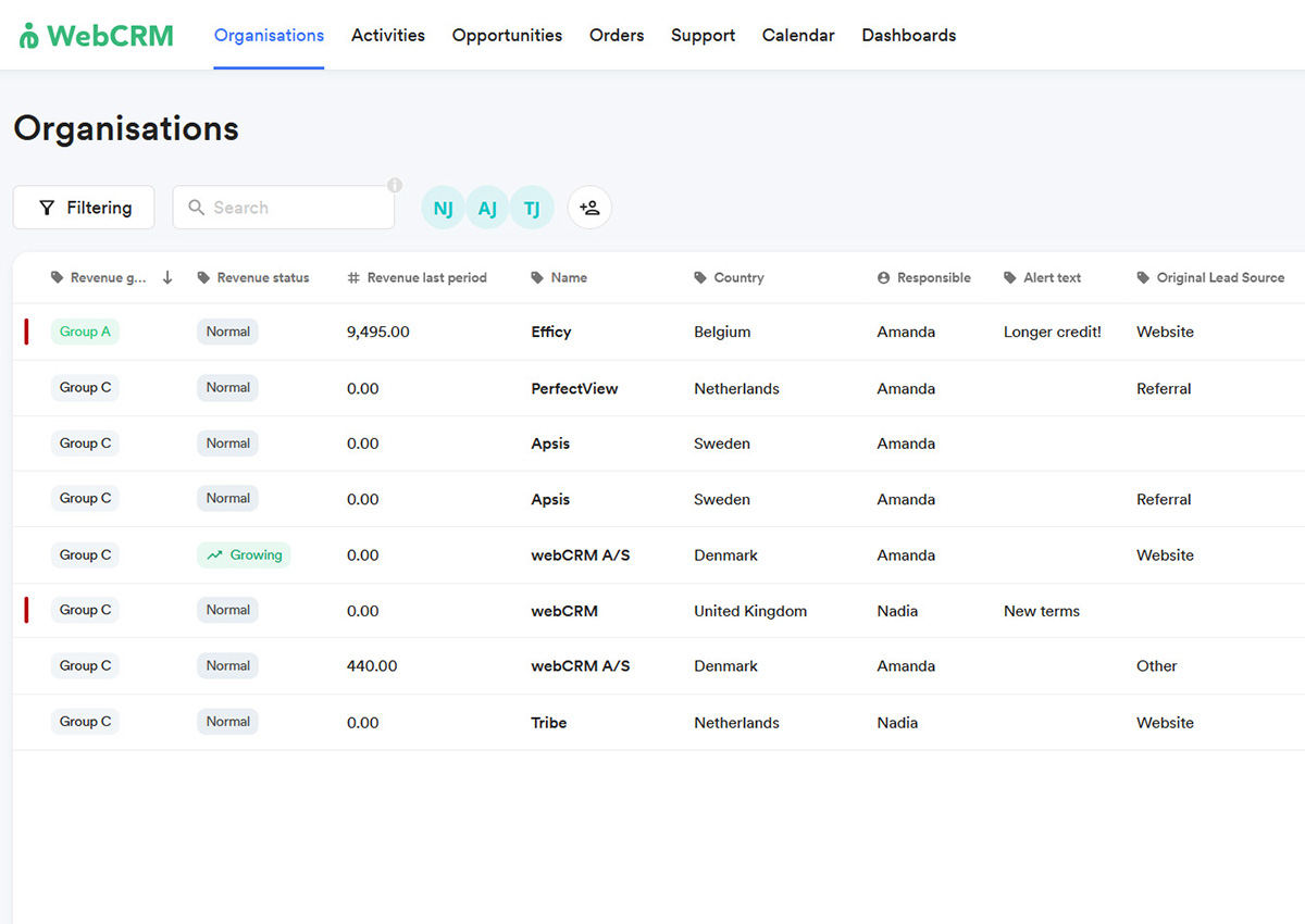 webCRM screenshot: Customer Database