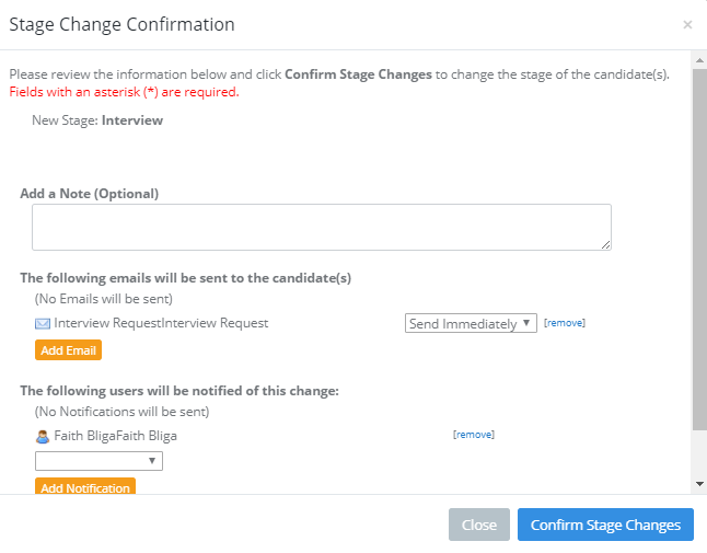 ApplicantStack Software - Stage Change Confirmation dialogue setup to automatically send an email to the candidate and notify internal staff of the stage change.