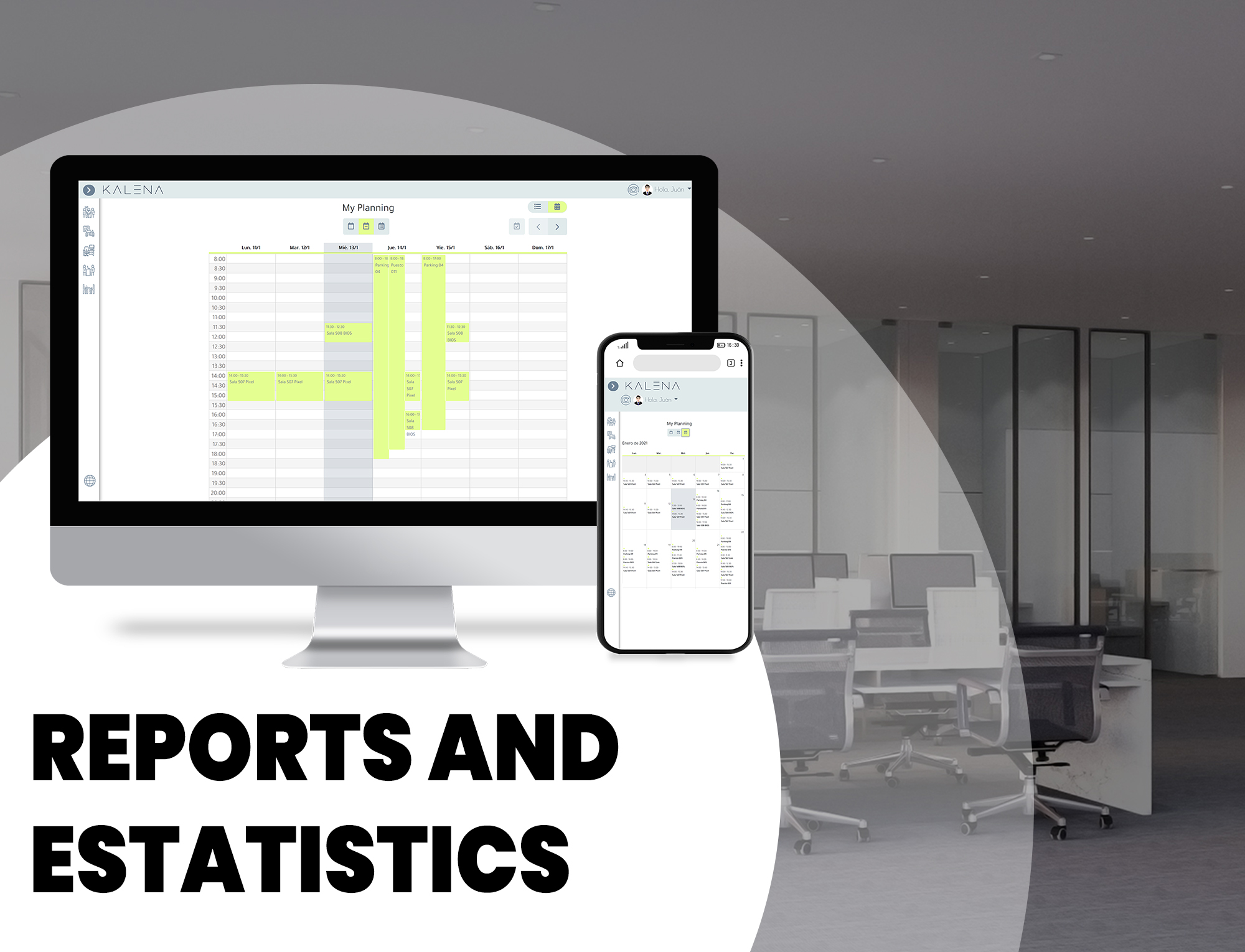 Kalena incorporates a powerful dashboard with reports and statistics about the use of spaces, with personalized views per user. 