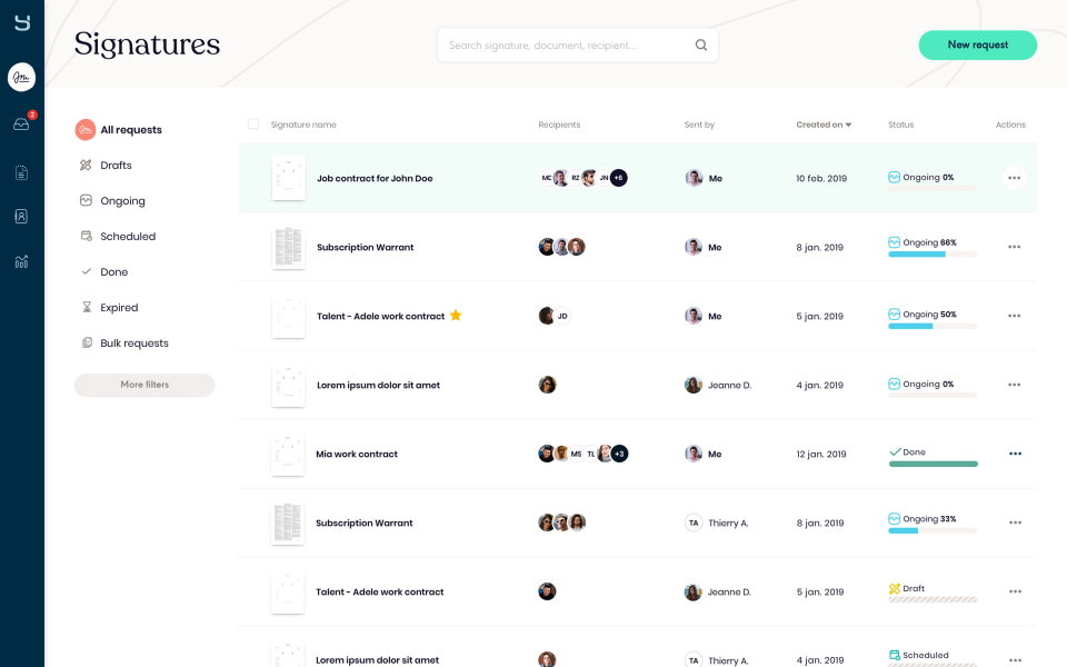 Yousign screenshot: Signature request tracking