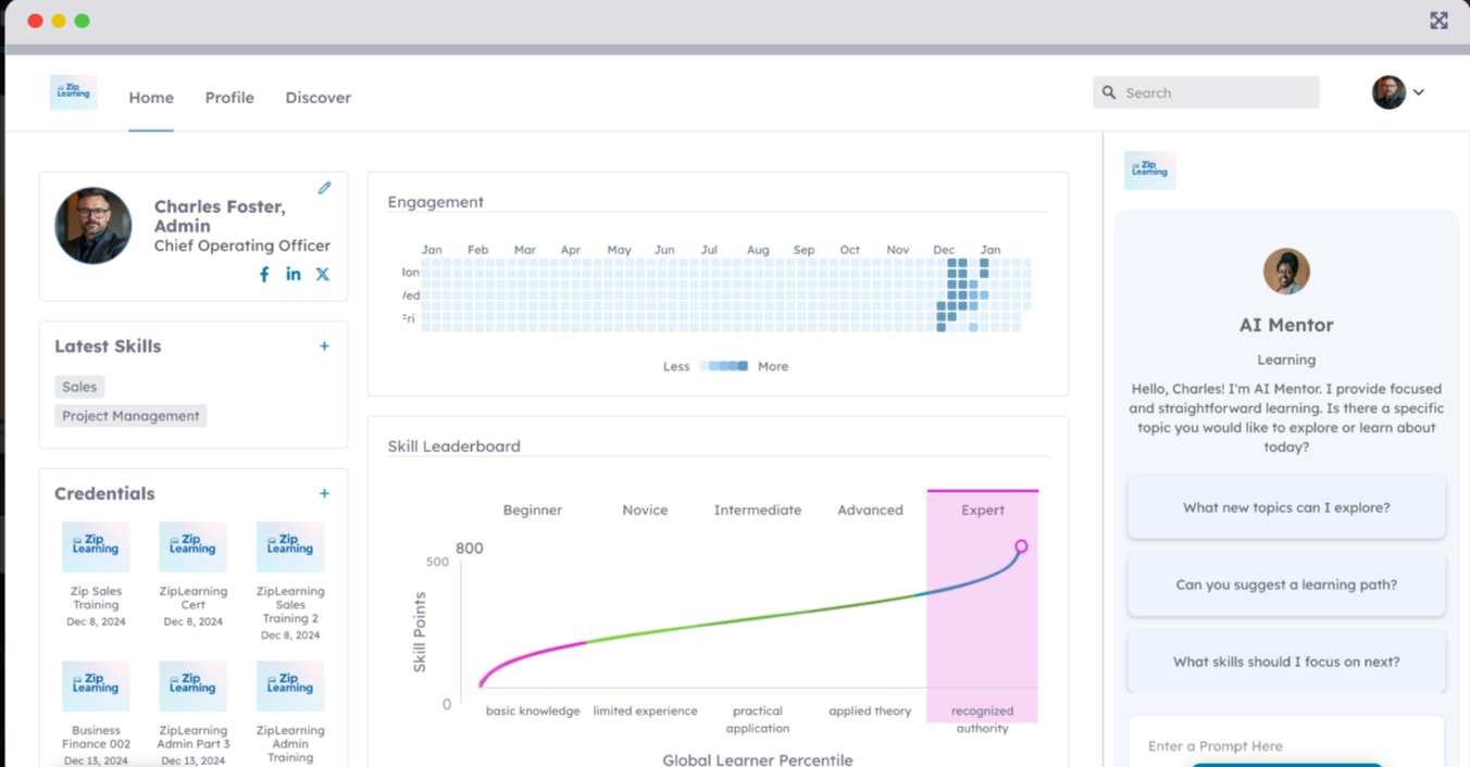 ACI Learning screenshot: Learner Dashboard offers visibility into skills, credentials, and progress.