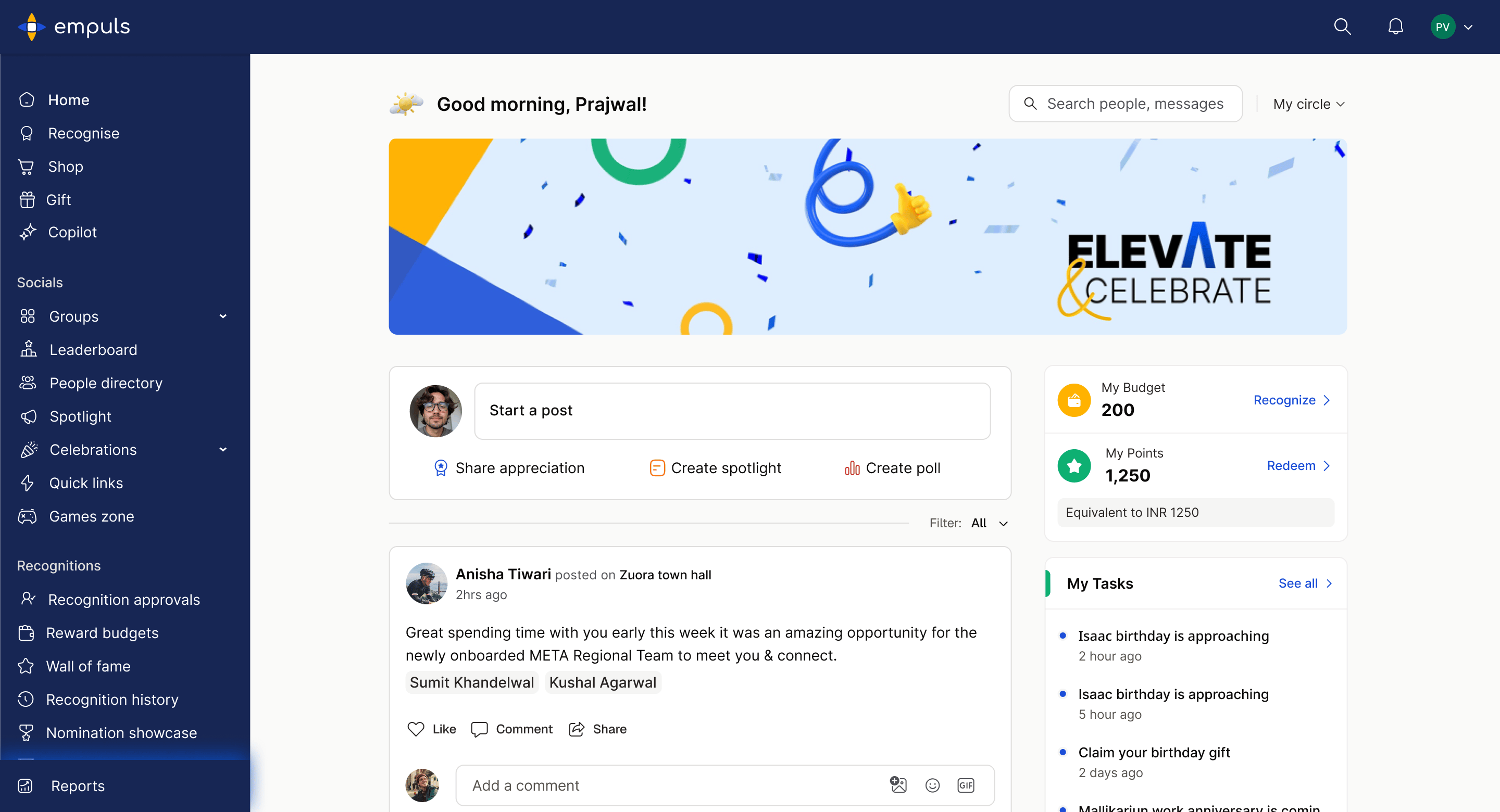 Xoxoday screenshot: Empuls Home Screen - Xoxoday Empuls helps teams to reward and collaborate on work and celebrate socially; milestones, birthdays, work anniversary, office fun with colleagues. Collaborate on project work, discussion and ideas.