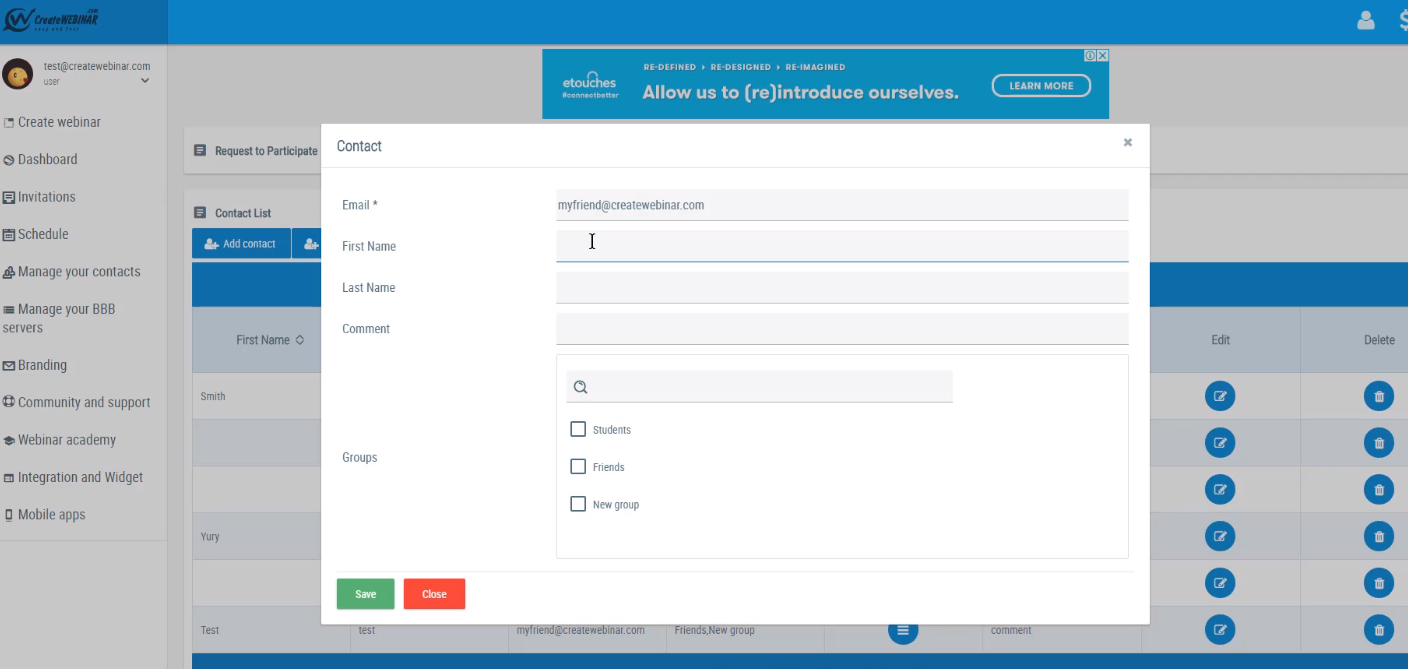 CreateWebinar screenshot: CreateWebinar adding contacts