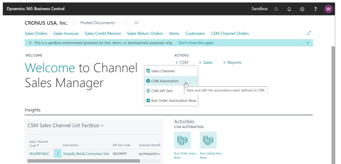 Suite Engine CSM screenshot: Channel Sales Manager automation list
