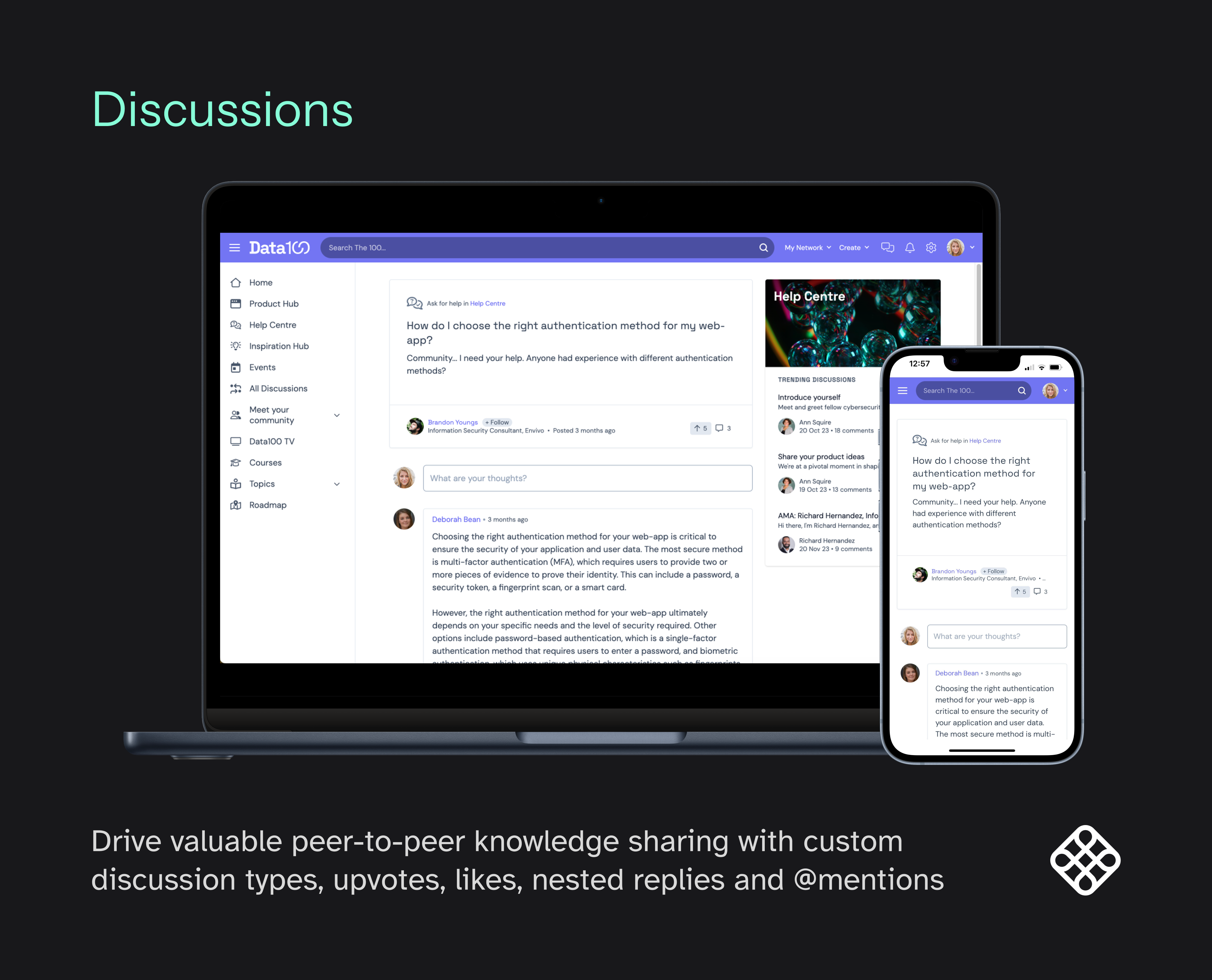 Drive valuable peer-to-peer knowledge sharing with custom discussion types, upvotes, likes, nested replies and @mentions