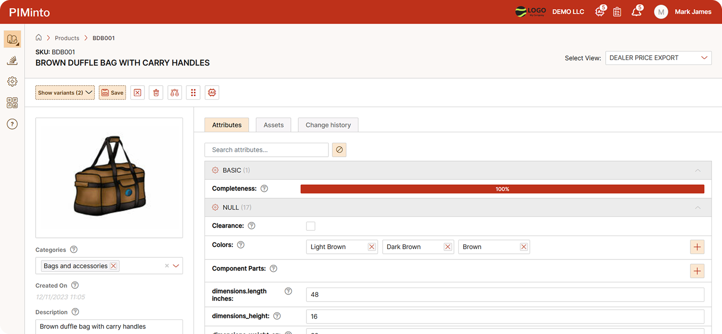 PIMinto screenshot: The Product Detail page in the PIMinto presents detailed information about the selected product, including various attributes and properties associated with it. The data shown on the product detail page is customized based on the access level