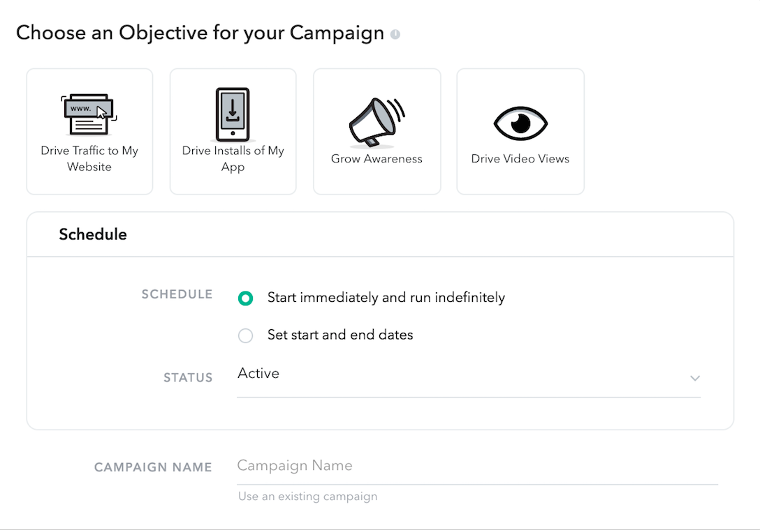 Snapchat select campaign objectives