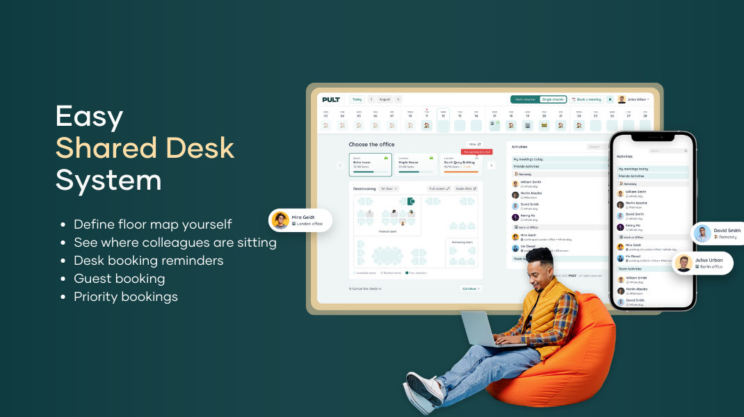 Easy desk booking for innovative workplaces. Create floor map per drag and drop, define areas and enable your coworkers to book a desk in seconds. See where your favourite colleagues are sitting and meet with your team easily in the office